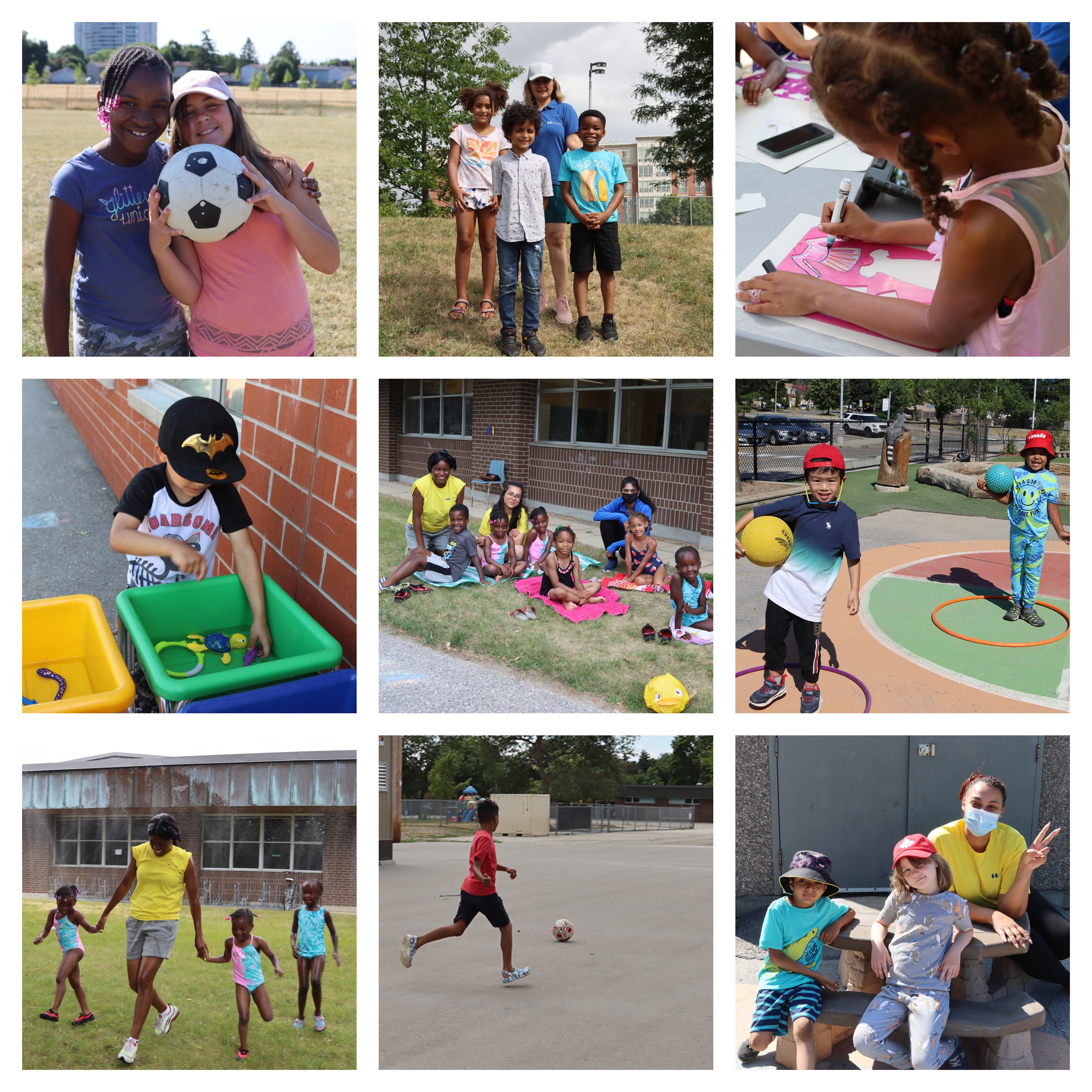 A collage of photos from PLASP's summer programs shows kids playing sports, enjoying water play, and creating art